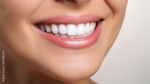 teeth and woman face  beauty and natural dental veneers in studio background. Oral health  healthcare or woman model happy mouth with clean teeth hygiene. generative ai