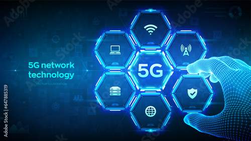 5G network wireless systems technology concept. Smart city. IOT. 5G mobile internet wifi connection. Wireframe hand places an element into a composition visualizing 5G. Vector illustration.