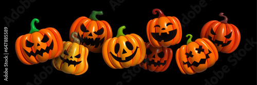 Halloween Set of pumpkin for holiday. Inflatable orange pumpkins with cut scary good joy smile. Collection of 3d objects. Design elements isolated on light background. Vector illustration