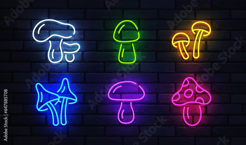 Mushrooms neon sign, bright signboard, light banner. Mushrooms icon neon, emblem. Vector illustration