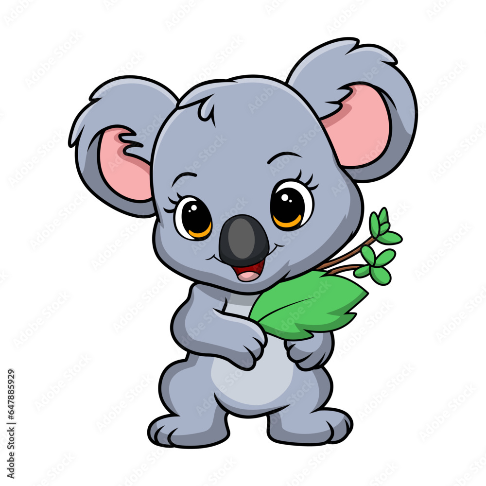 Fototapeta premium Cute little koala cartoon holding leaves