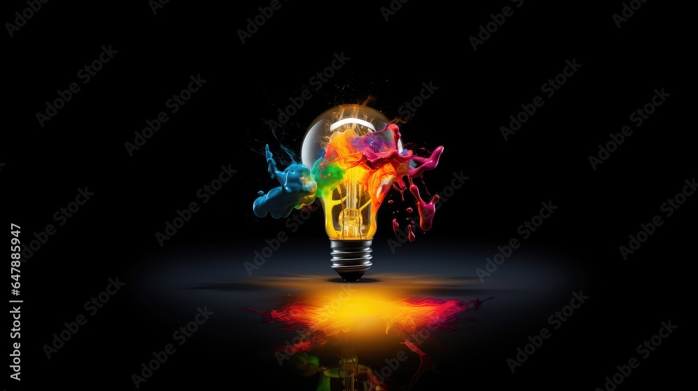 Light bulb in the dark background, with colorful coloring on the front, in the style of explosive abstracts Light bulb in the dark background, with colorful coloring on the front, in the style of explosive abstracts