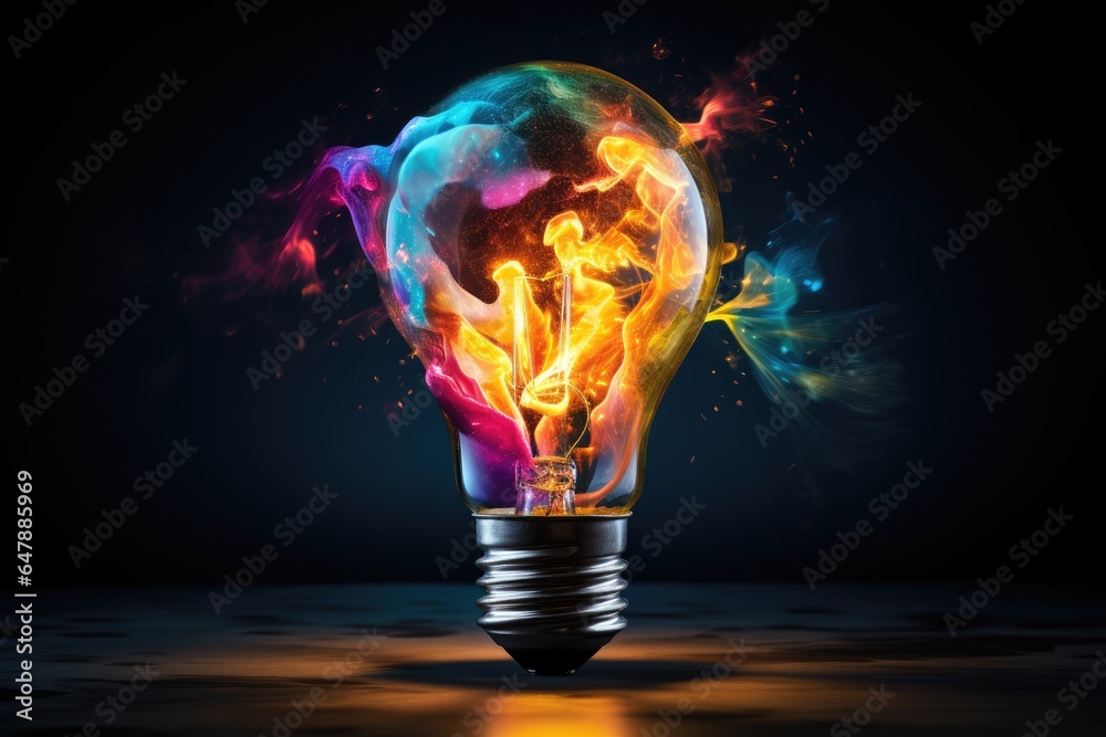 Light bulb in the dark background, with colorful coloring on the front, in the style of explosive abstracts Light bulb in the dark background, with colorful coloring on the front, in the style of explosive abstracts