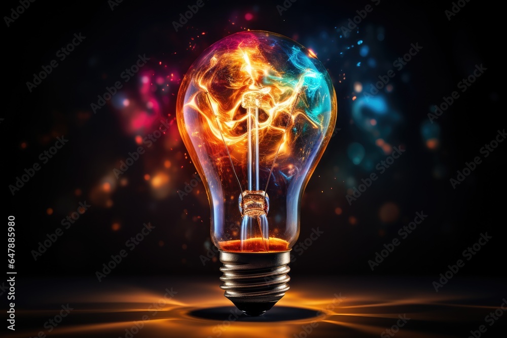 Light bulb in the dark background, with colorful coloring on the front, in the style of explosive abstracts Light bulb in the dark background, with colorful coloring on the front, in the style of explosive abstracts
