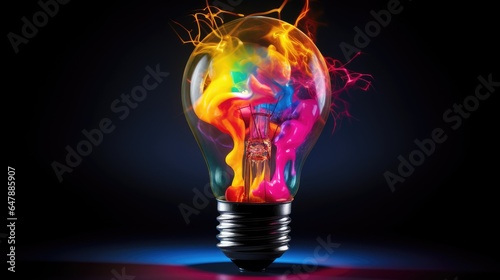 Light bulb in the dark background, with colorful coloring on the front, in the style of explosive abstracts