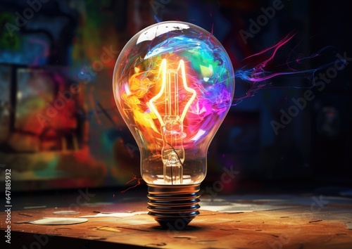 Light bulb in the dark background, with colorful coloring on the front, in the style of explosive abstracts