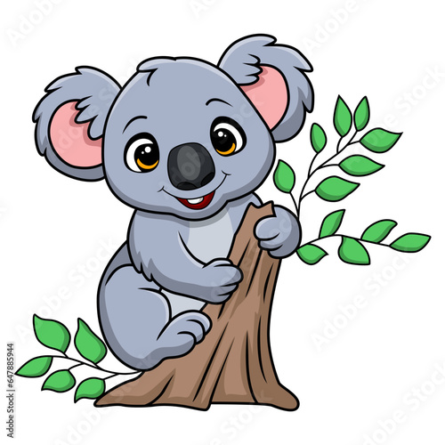 Cute little koala cartoon on a tree branch