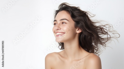 cheerful girl receives a beauty treatment. Beautiful natural woman contemplating the copy space, spa, and wellness concept. generative ai