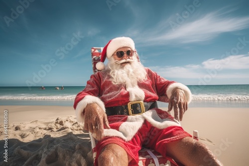 Santa claus sitting on the beach, wearing sunglasses