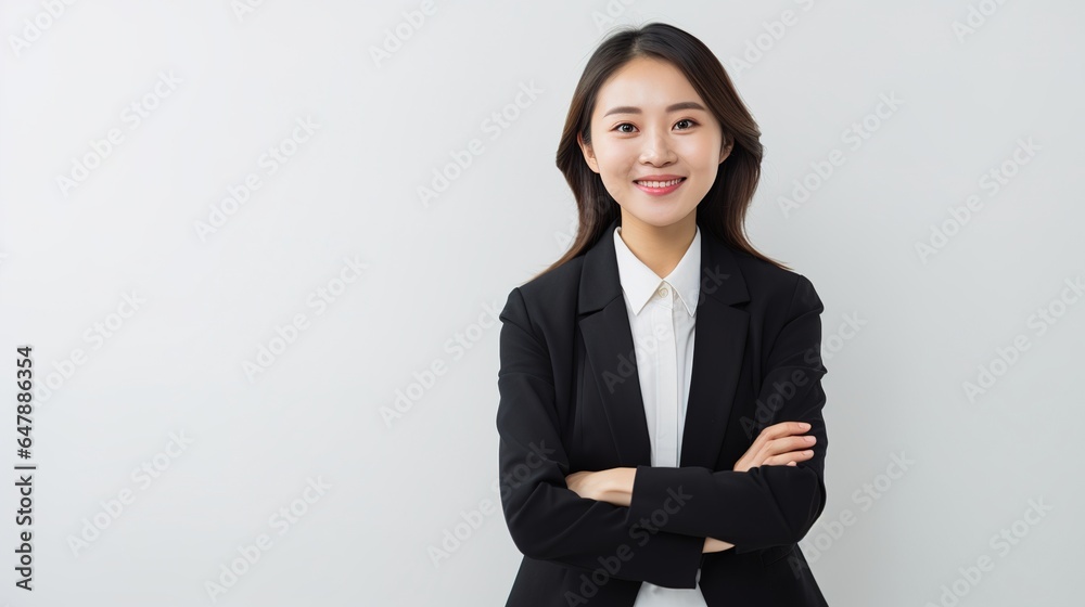 Young Asian woman in business position, grinning to the camera, against a blank white background. generative ai Young Asian woman in business position, grinning to the camera, against a blank white background. generative ai