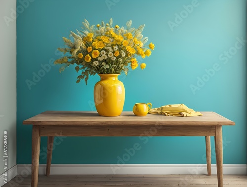 Rustic Wooden Table Adorned by a Vibrant Yellow Vase and a Bouquet of Wildflowers, Set Against an Empty Turquoise Wall – A Captivating Home Interior Scene with Ample Copy Space © Graphical Genius