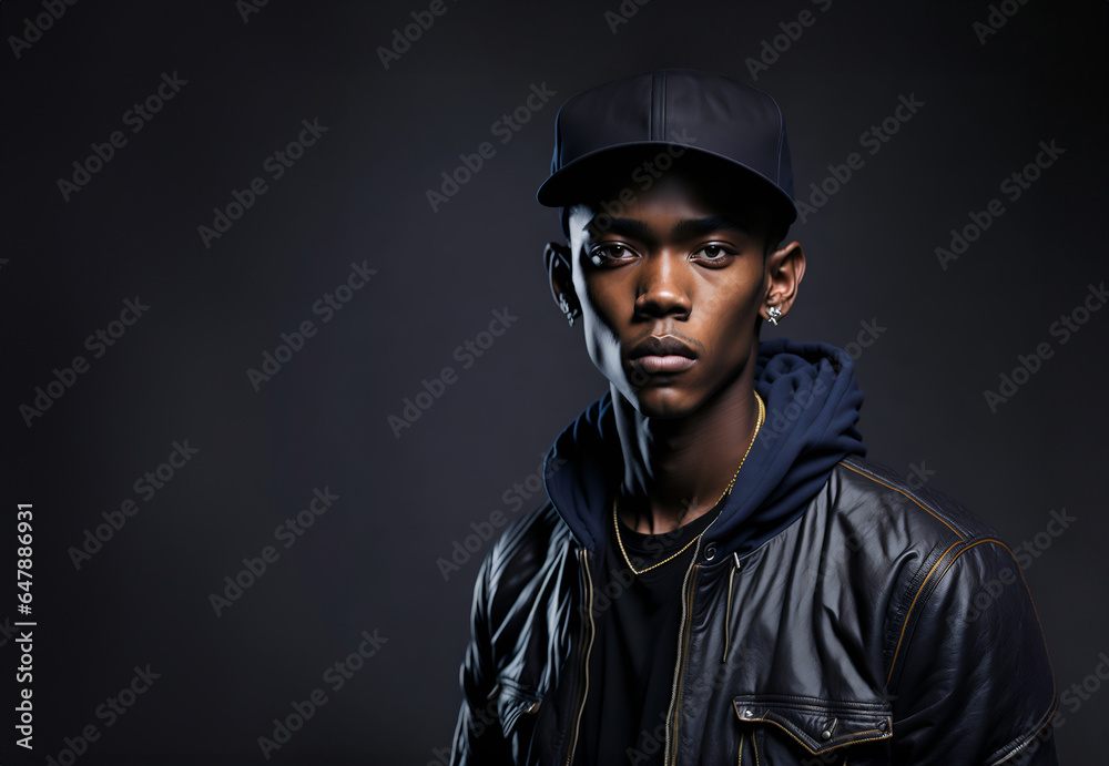 Stylish rapper in leather jacket, hoodie and baseball cap - obrazy, fototapety, plakaty 