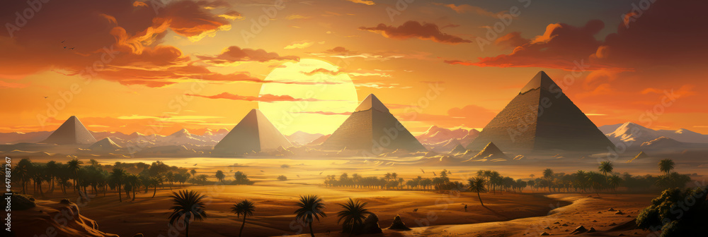 Ancient pyramids in desert at sunset in Egypt, fiction scenic view - obrazy, fototapety, plakaty 