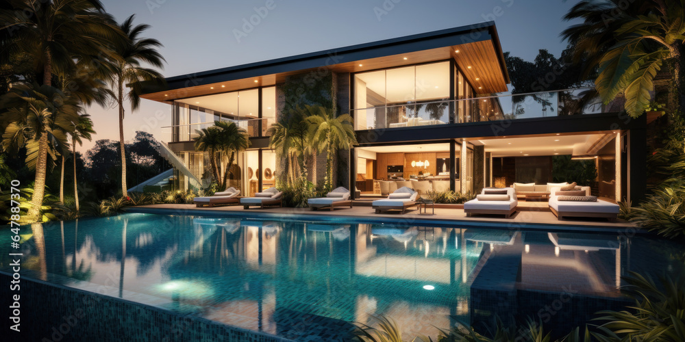 Luxury villa, modern mansion with pool and tropical plants at night