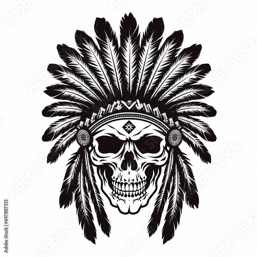 tattoo of a native american indian skull wearing a feathers headdress