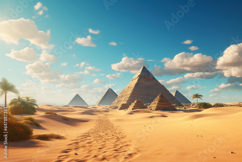 Ancient pyramids in desert on sunny day in Egypt  fiction scenic view