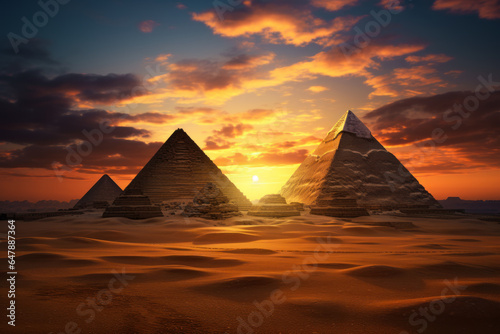 Ancient pyramids in desert at sunset in Egypt  fiction scenic view