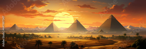 Ancient pyramids in desert at sunset in Egypt, fiction scenic view
