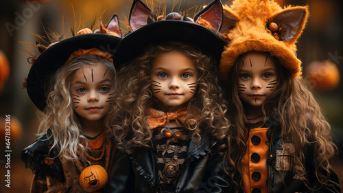 Cute children, little girls in Halloween costumes pose in autumn park