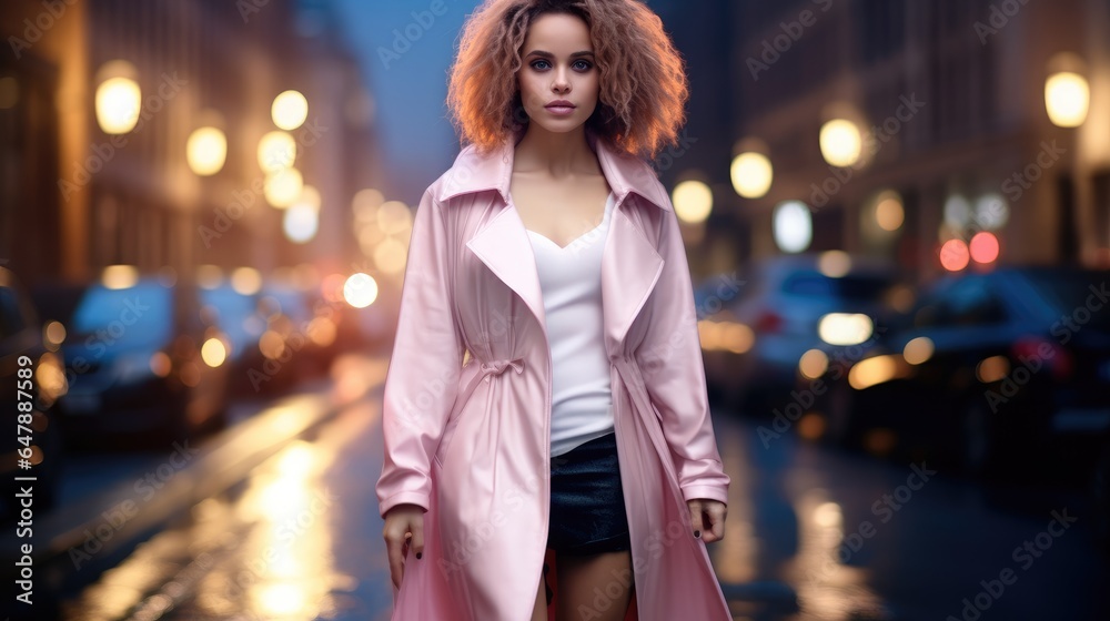 Fototapeta premium Beautiful glamorous lady in luxury coat and elegant dress walking along the city street at night.