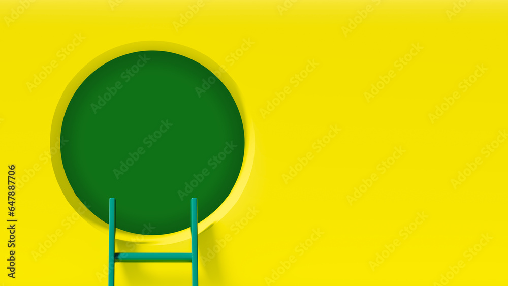 3d rendering of a yellow wall with a green hole and a ladder, theme of success and achieving goals - obrazy, fototapety, plakaty 