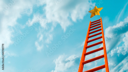 Orange ladder points to the sky to reach a yellow crystalline star, achievement and success theme photo