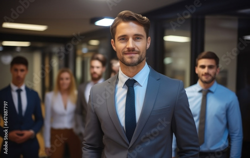 Portrait of confident mature good looking middle aged leader, CEO businessman in suit on office multiethnic employees background.