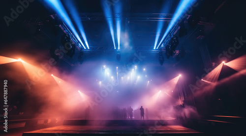 Concert Stage Scenery With Spotlights Colored Lights Smoke  Multicolored.