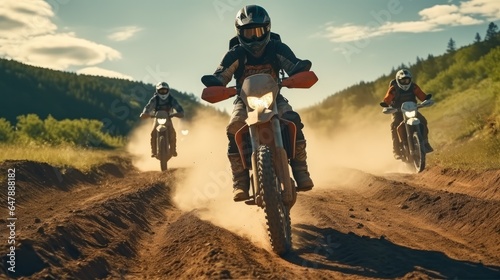 Motocross bikers on a dirt road.
