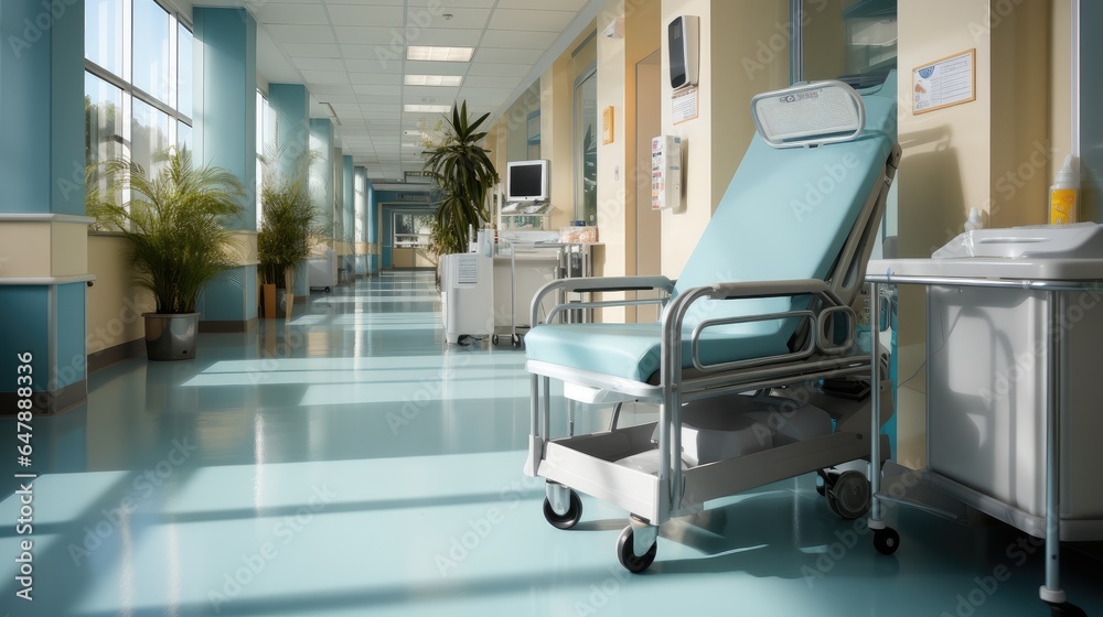 A wheeled cart is placed on the ground in a clean and tidy medical office. A wheeled cart is placed on the ground in a clean and tidy medical office.