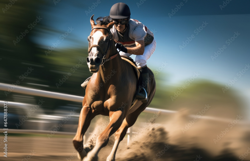 Fototapeta premium Jockey on racing horse at racetrack, Champion, Horse riding.