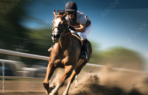 Jockey on racing horse at racetrack, Champion, Horse riding. © visoot