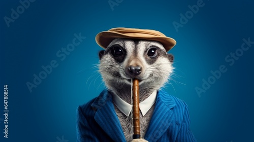 a chic snapshot featuring a dapper meerkat donning a cap and puffing on a pipe against a royal blue background.
