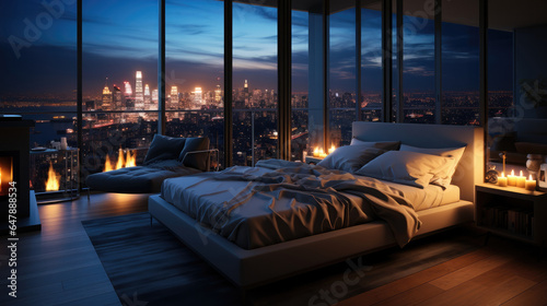 Master bedroom apartment at city night in fresh style.