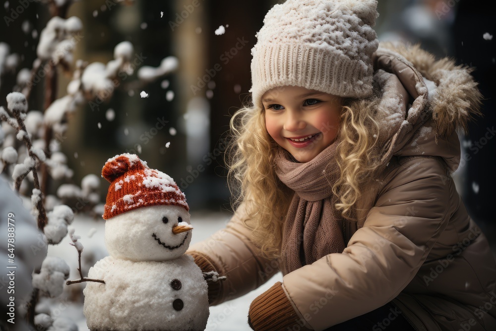Happy girl playing in the snow making a snowman Happy girl playing in the snow making a snowman