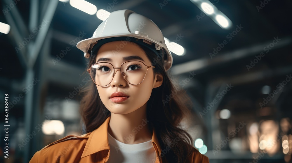 Portrait of Asian female engineer wear safety helmet in warehouse. Portrait of Asian female engineer wear safety helmet in warehouse.