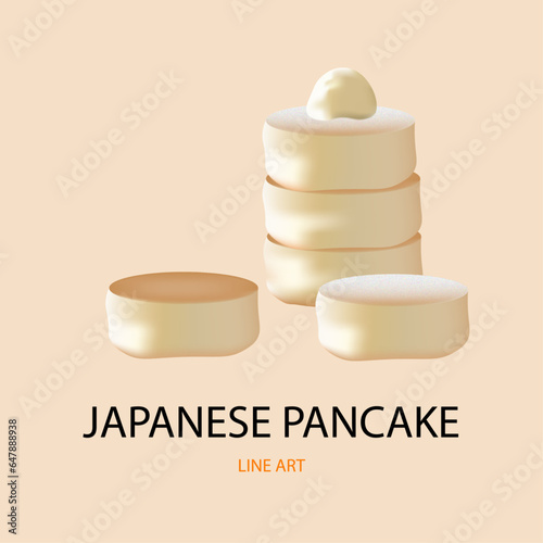 Japanese Pancake with Icing Sugar and Cream Vector Colored Line Art Digital Food Illustration