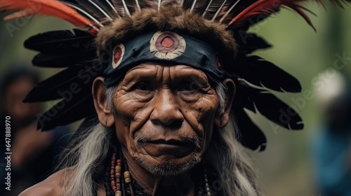 Traditional Indian with painted faces, Portrait of indigenous tribe man, Native American people.