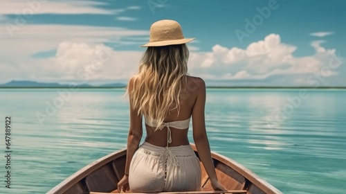 Woman wear hat sitting on front of wooden boat in sea, Rear view, Travel concept. © visoot
