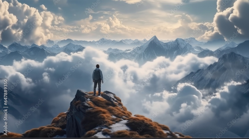 Fototapeta premium Man with backpack standing on the top of the mountain, Success, Personal growth concept.