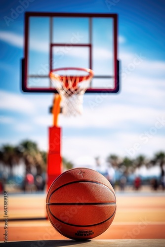 Basketball on court floor. ...