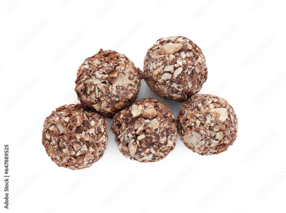 Tasty sweet chocolate candies isolated on white, top view Tasty sweet chocolate candies isolated on white, top view