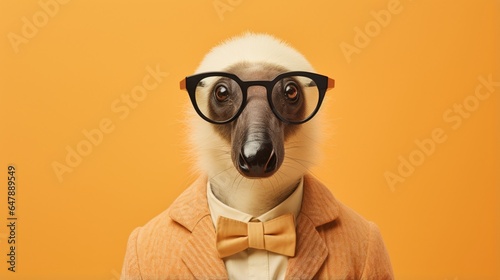 Craft an elegant anteater wearing spectacles, on a soft peach backdrop.