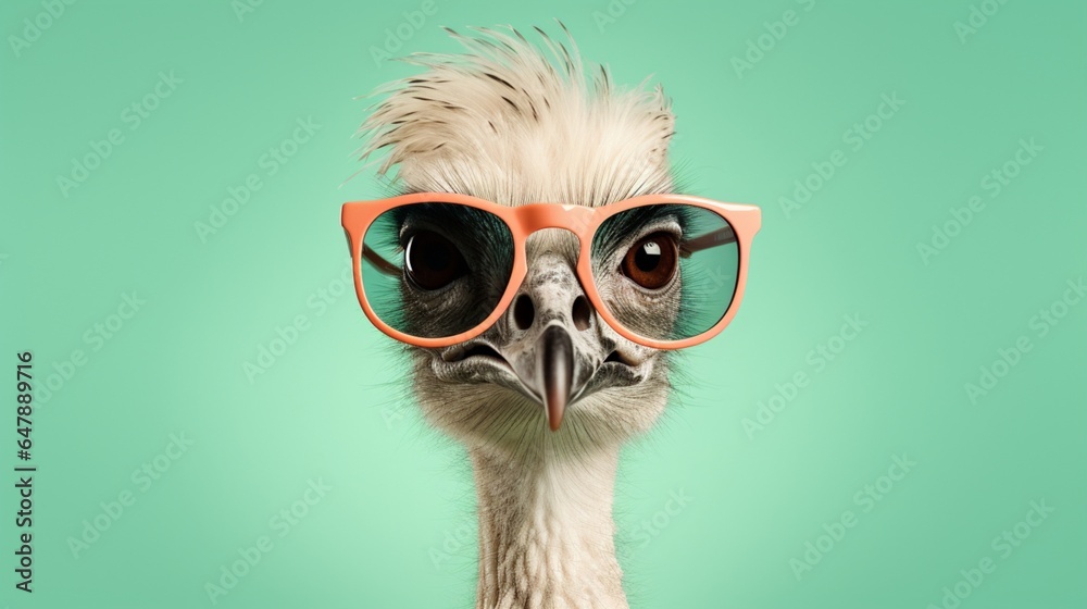 Craft an elegant ostrich in fashionable glasses, lounging on a serene mint green background.
