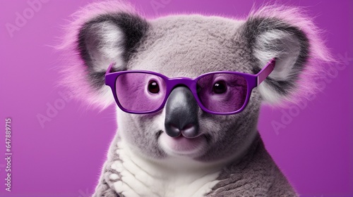 Craft an elegant koala in glasses, showcased on a deep lavender canvas. © Ullah