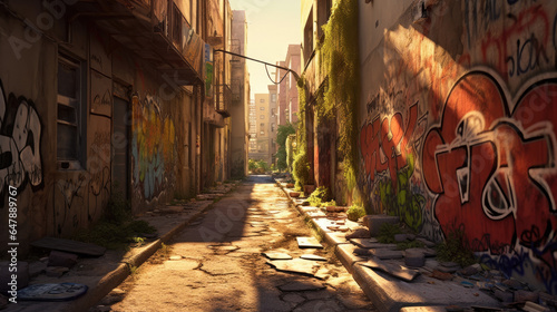 Ruined urban area with graffiti on residential walls