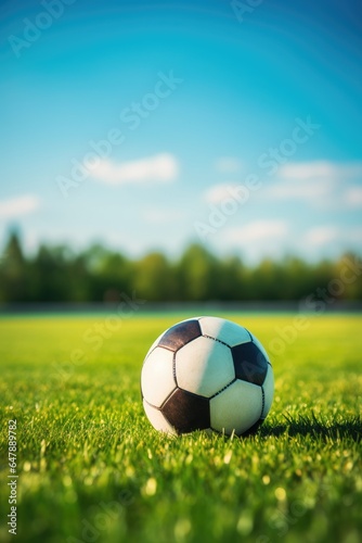 Soccer ball on green grass in soccer stadium. Generative AI © piai