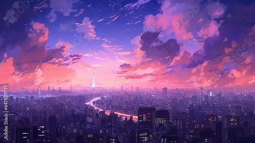 Skyline above Tokyo, pink and purple gradient sky with shooting stars