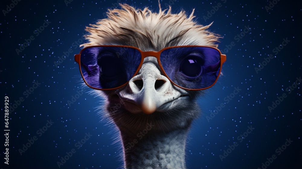 Create a suave ostrich donning sunglasses, framed against a midnight blue background.
