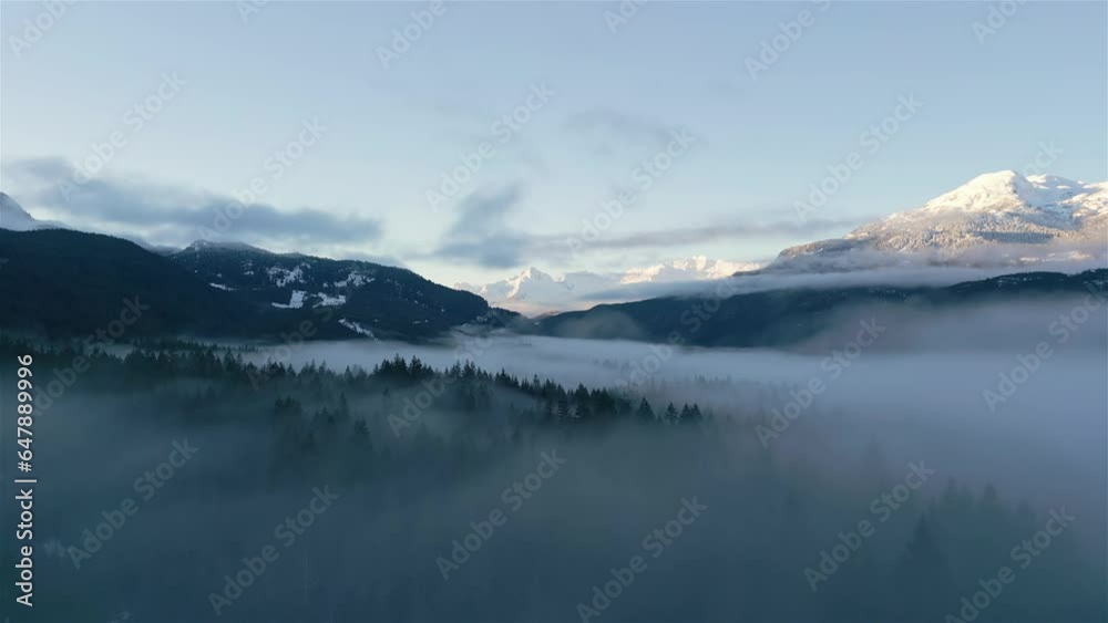 Green Trees in Forest with Fog and Mountains. Winter Sunny Sunrise. Canadian Nature Landscape Background. Near Squamish, British Columbia, Canada. Slow Motion Green Trees in Forest with Fog and Mountains. Winter Sunny Sunrise. Canadian Nature Landscape Background. Near Squamish, British Columbia, Canada. Slow Motion